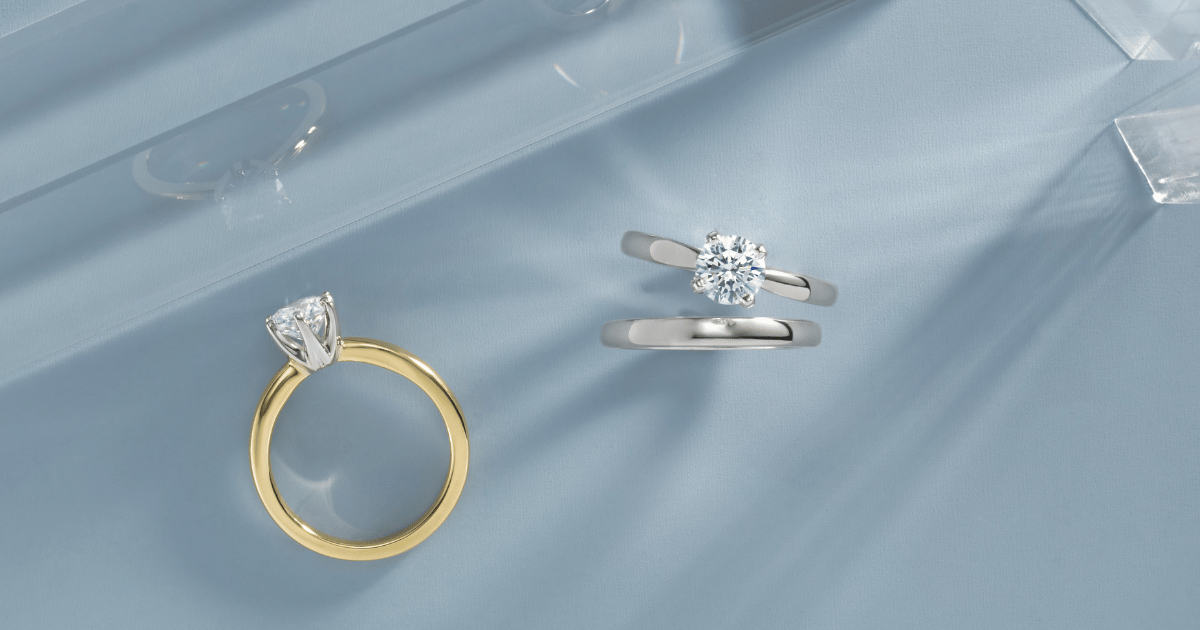 Yellow_Gold_with_White_Gold_(or_Platinum)_Prongs_Solitaire_Engagement_Ring_set_with_Round_Cut_Diamond;White_Gold_(or_Platinum)_Solitaire_Engagement_Ring_set_with_Round_Cut_Diamond_and_Matching_Wedding_Band